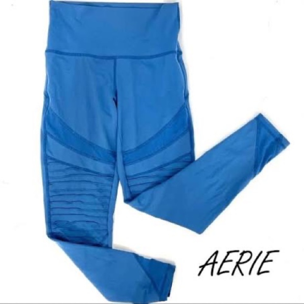 Aerie Chill. Play. Move blue leggings w/mesh cutouts; high rise & ankle length